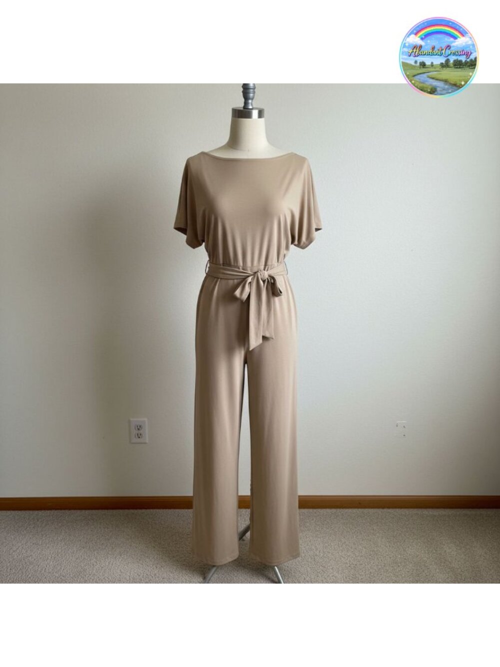 Women's Short Sleeve Belted Wide Leg Jumpsuit Polyester Spandex